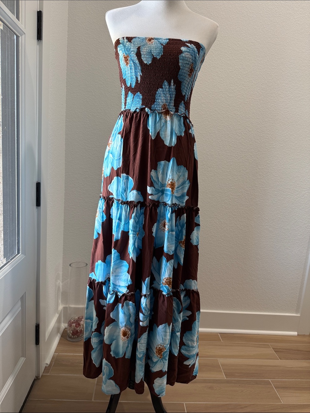 Strapless Floral Maxi Dress in Brown with Blue Blooms